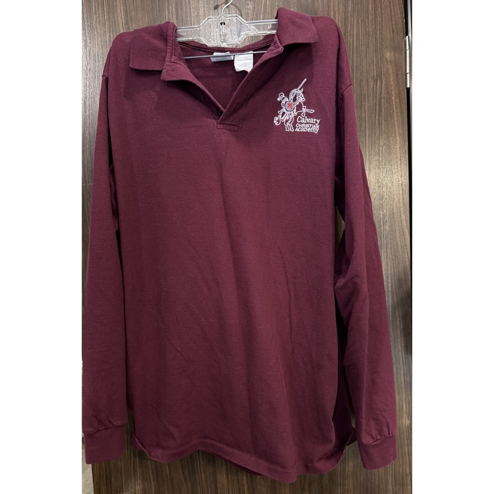 Calvary Christian academy Mens Polo Shirt Long Sleeve Burgundy L Meas. In Pics